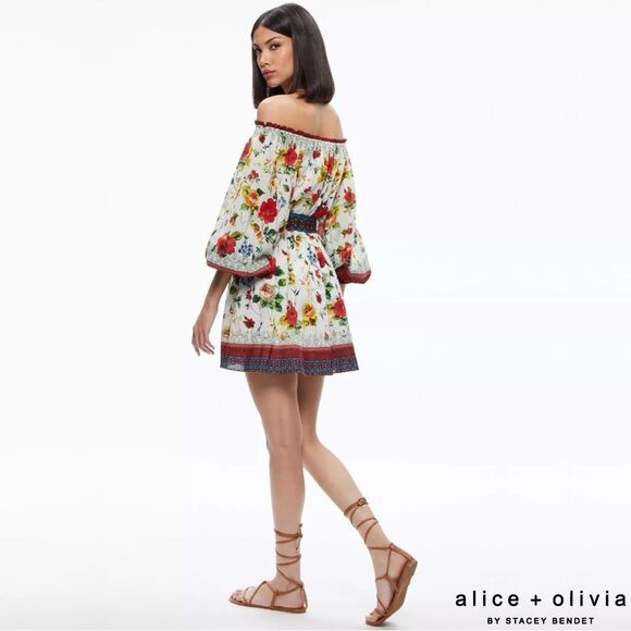 Alice + Olivia **NWT** Mary Off Shoulder Tie Belt Dress Dew Floral - Picture 7 of 8